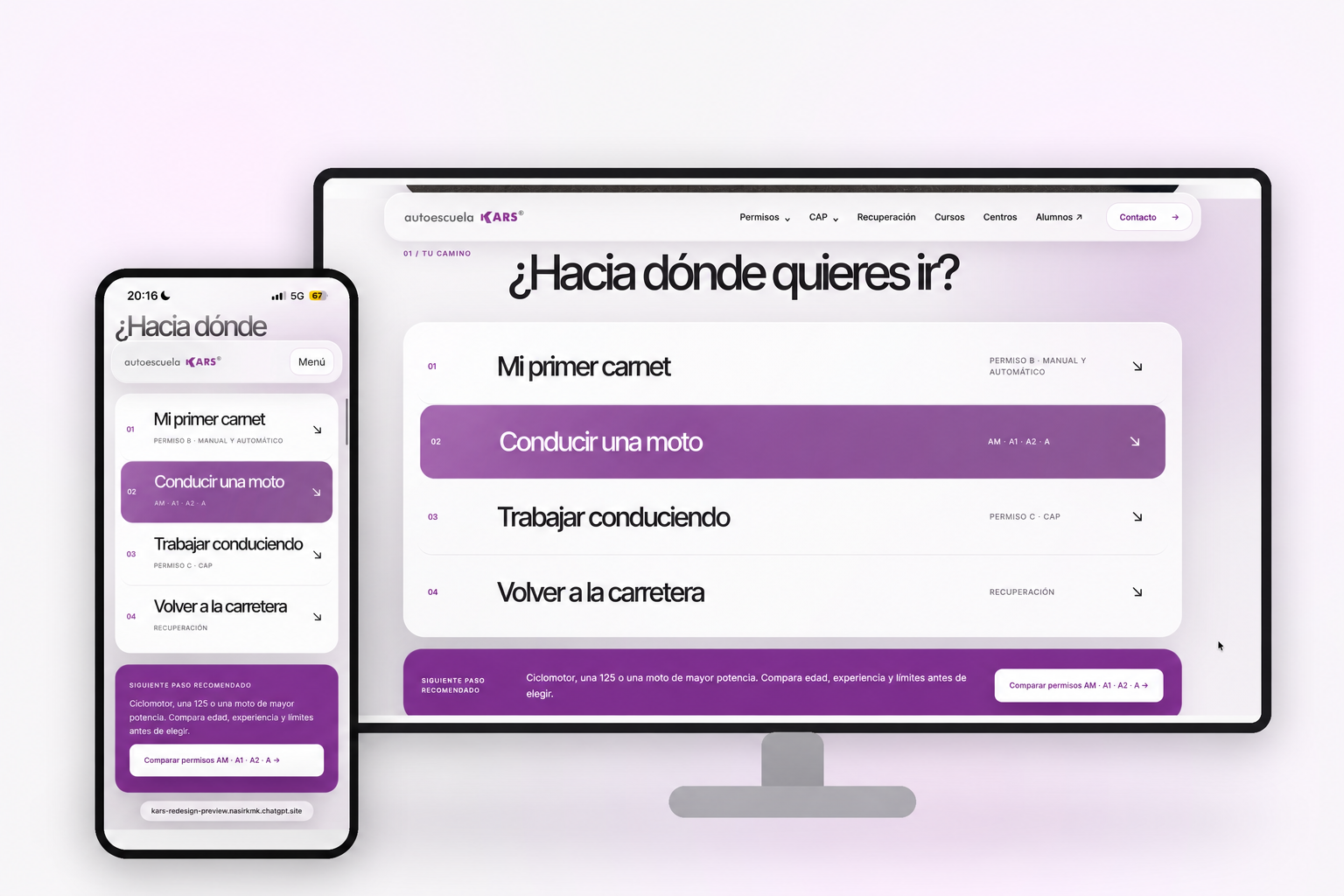 Rediseño de la nueva página web de Autoescuela KARS en versión escritorio y móvil